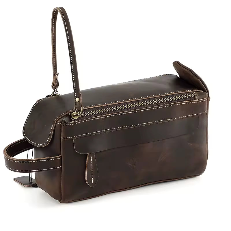 Trousse de Toilette en Cuir Véritable Marceau – Café